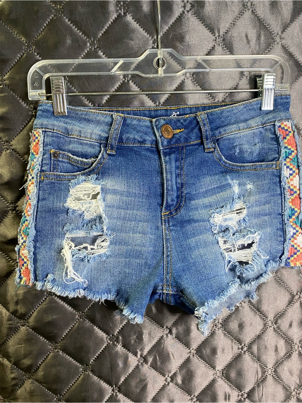 Almost Famous Boho Embroidered Geometric Trim Distressed Denim Shorts 3